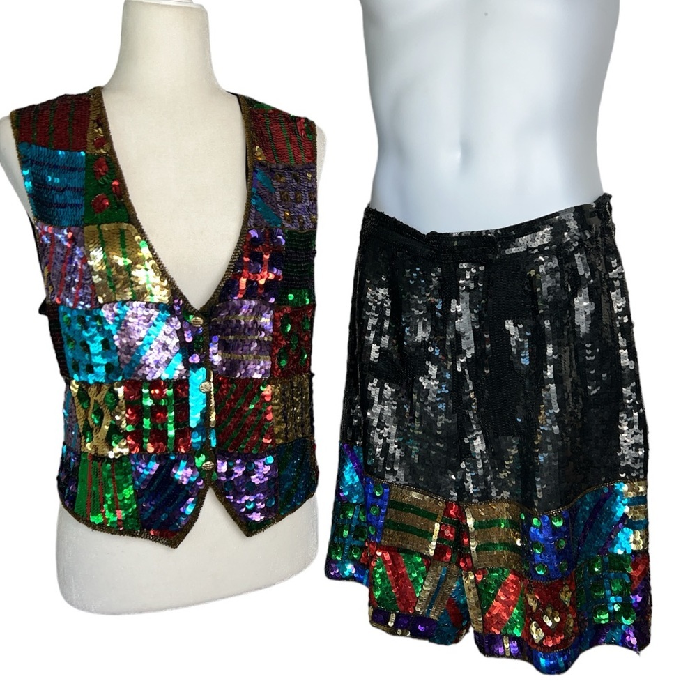 Modi Vintage Fully Sequined & Beaded Funky Festival Disco Silk Vest & Short Set